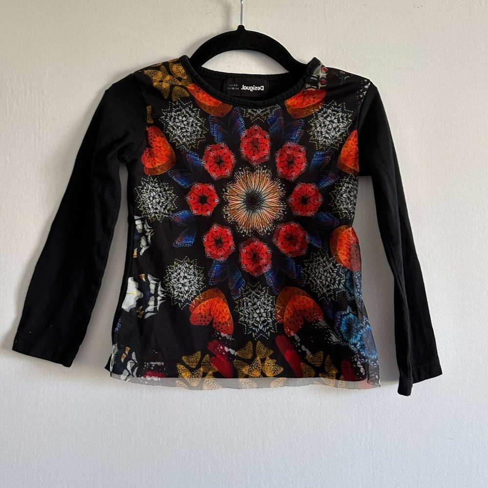 Desigual Kids Girls Long Sleeve Abstract Tee with Printed Tulle Size 3/4 EUC